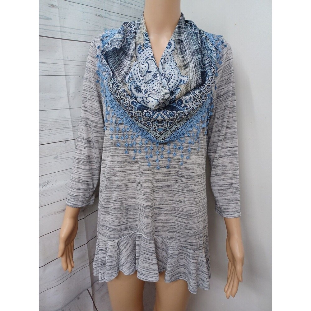 Unity World Wear Womens Tunic Top Striped Long Sleeve Attached Scarf Gray Sz M